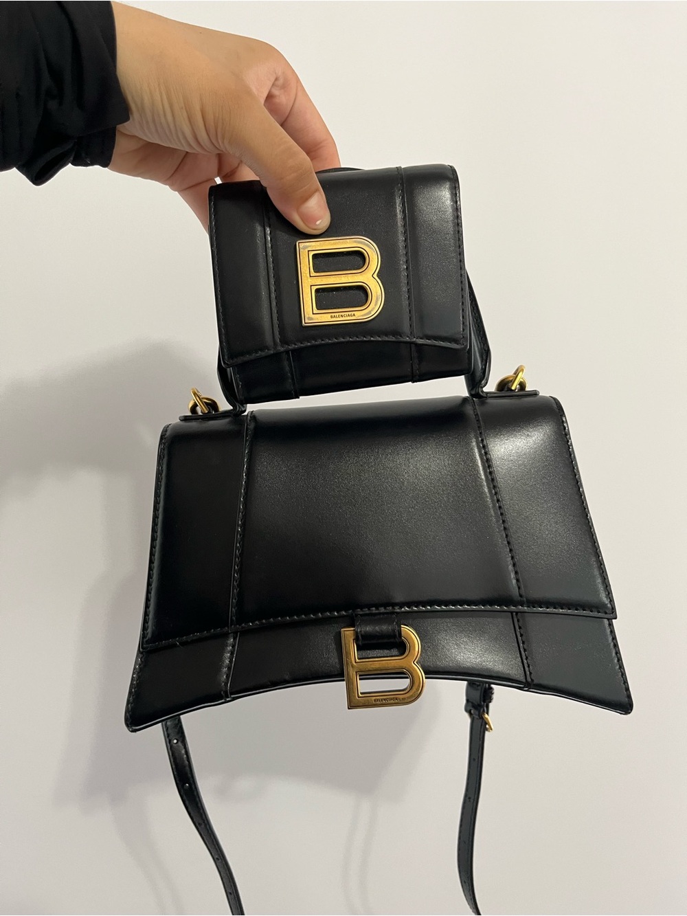 Balenciaga Black Leather BB Logo Shoulder Crossbody Bag Gold Hardware